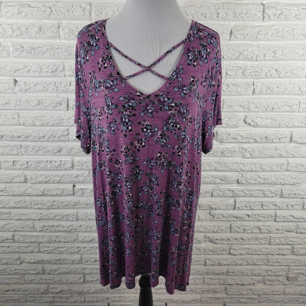 Avenue 22/24 Plus Purple Blue Floral V-Neck Keyhole Tunic Top Stretch FLO330E